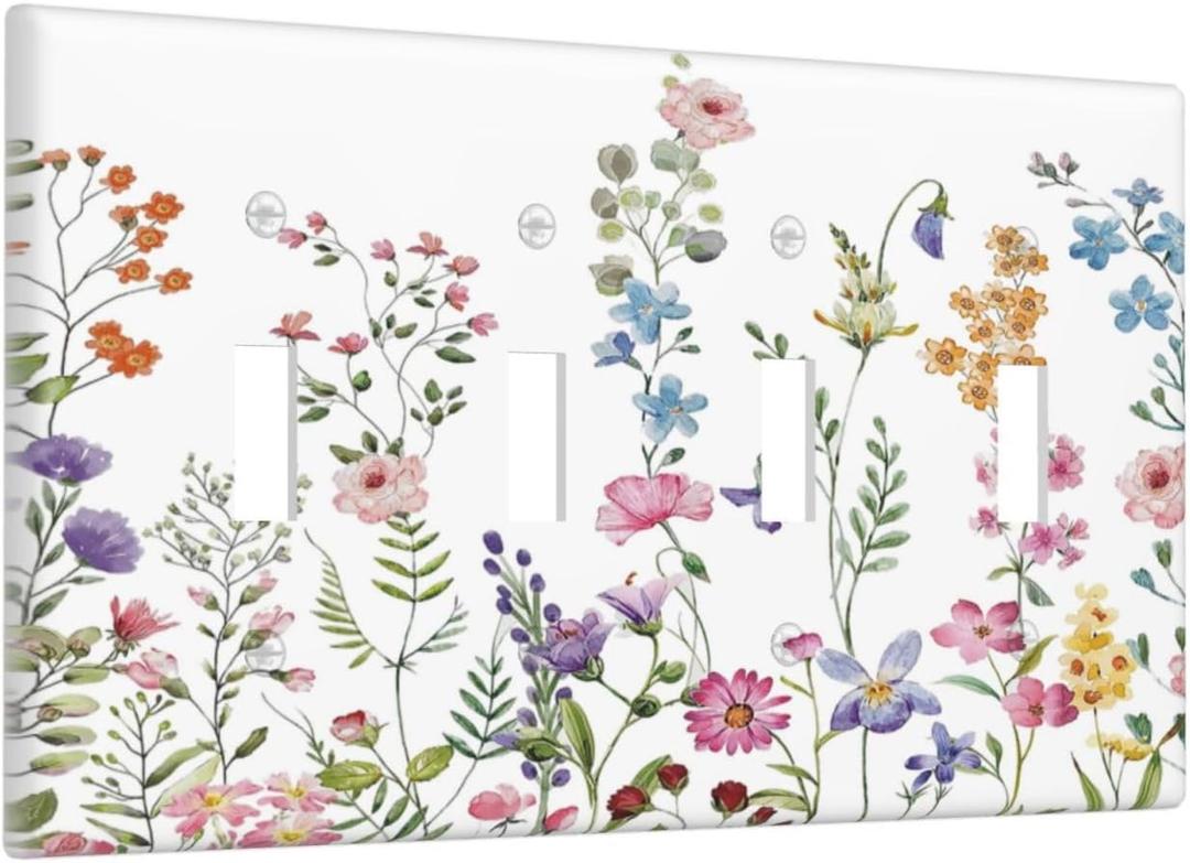 Rustic Wild Floral Vintage Watercolor Flower Quad Gang Toggle Light Switch Cover 4-Gang Wall Plates Decorative Electrical Switchplate for Home Bedroom Art Decorate
