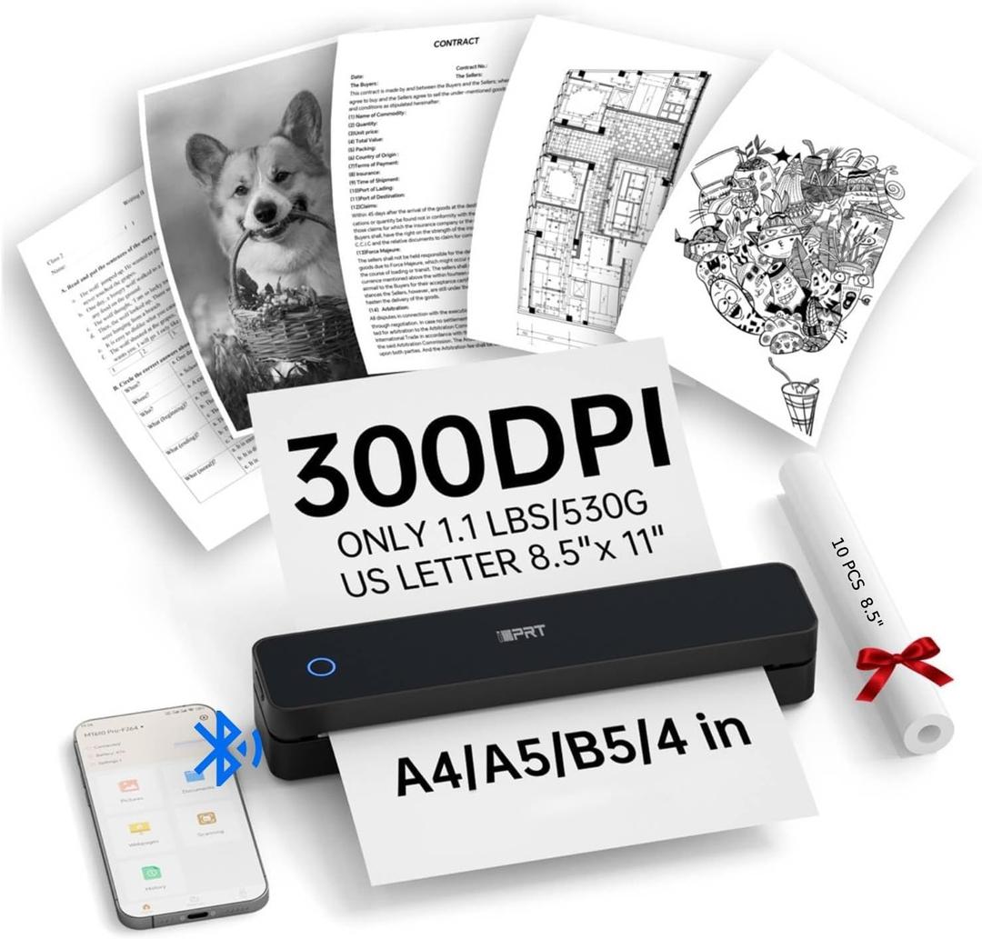 iDPRT Portable Thermal Printer, 300DPI Inkless-Bluetooth Small Mobile Printers Wireless for Travel, Office, Vehicles, Home Use, Supports 8.5" x 11" US Letter, A4 A5, Compatible with iOS, Android, PC (Black)
