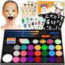 Face Painting Kit for Kids, 24 Colors Water Based Non-Toxic Face Paint with Stencils & Brushes, Professional Body Makeup Set with Guide Book, Washable Face & Body Paint for Halloween Birthday Parties