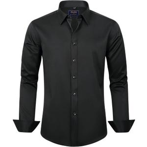 J.VER Boy's Long Sleeve Dress Shirts Solid Stretch Wrinkle-Free Shirt Kids Casual Button Down Shirts (Black), 15 Years