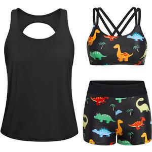 Yonique 3 Piece Swimsuits for Women Athletic Tankini Teen Bathing Suit Tummy Control Modest Swimwear with Boy Shorts (XX-Large, Black & Dinosaur)