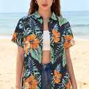 Women Hawaiian Shirt Floral Tropic Print Tee Hawaii Button Down Tshirt Beach T Shirt Summer Short Sleeve Tops (Green, M)