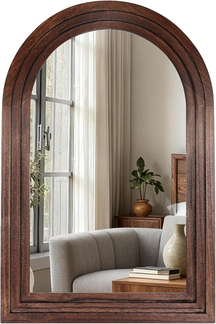 36"x24" Arched Wooden Frame Wall Mirror, Rustic Vanity Wall Mirror for Bathroom, Bedroom, Brown