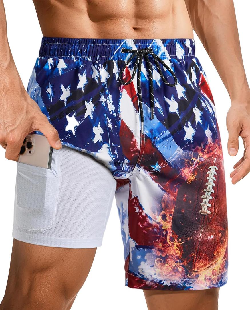 Gleeease Mens Swim Trunks Mens Bathing Suit 9 inch with Compression Liner Pocket Quick Dry Stretch 2-in-1 American Flag Beach (Large, Rugby)