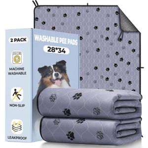 Fostanfly Washable Pee Pads for Dogs, 2 Pack 28''x34'' Large Ultra-Absorbent and Leak-Proof Non-Slip Reusable Potty Training Pads for Dogs, Puppy, Potty Buddy and Cats of Add 8 Lanyards (Gray)