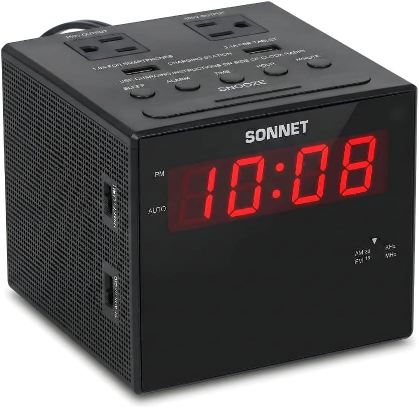Sonnet Alarm Clock Charging Station, AM FM Radio, Dual USB Charging Ports, Dual AC Outlets, Very Loud Alarm Clock for Heavy Sleepers and The Hearing Impaired for Desk, Bedroom