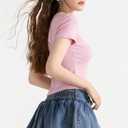 Women Y2K Crop Tops Short Sleeve Ribbed Knit Shirts Cute Bow Embroidery Tee Shirts Teen Girls Slim Fitted Baby Tees (Large, Pink)