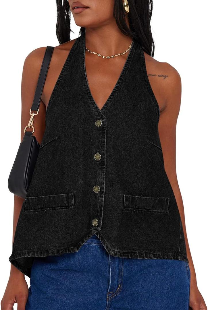 Tankaneo Womens Halter Denim Vest Tops Summer Open Back Y2K Going Out Tank Tops V Neck Button Down Jean Shirts (Large, Black)