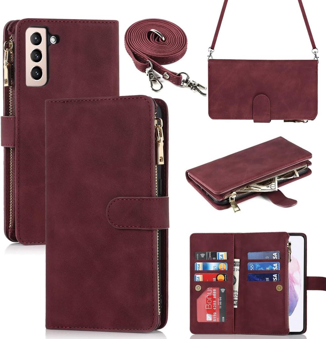 iCoverCase for Samsung Galaxy S21 Plus Wallet Case with Card Holder, Kickstand Feature PU Leather Case with Adjustable Crossbody Lanyard Magnetic Clasp Zipper Pocket Flip Cover (Claret)
