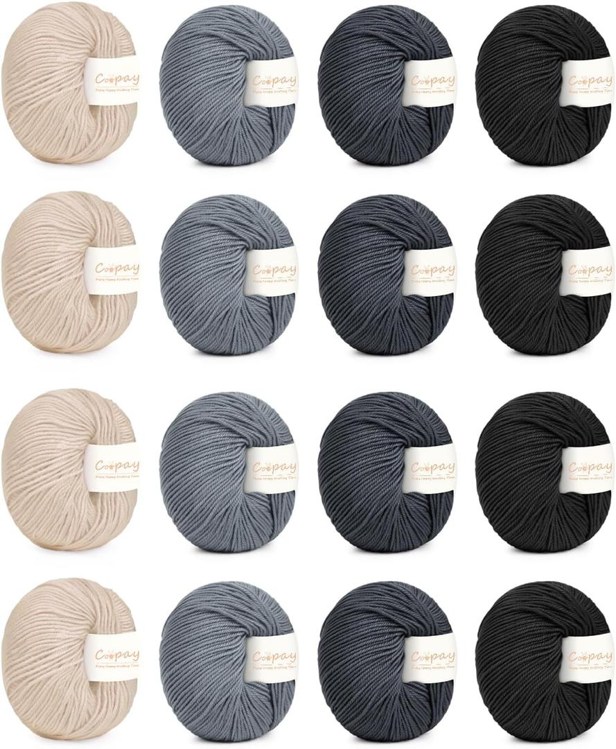 Coopay 16 Skeins Black Gray Yarns Set, Soft Acrylic Yarn for Crocheting, DK Light #3, 50g/1.76oz, Crochet Yarn for Knitting, Mercerized, Ideal for Dolls, Sscarves, Sweaters, Knitted Hats, Baby Blanket (Gray color family)