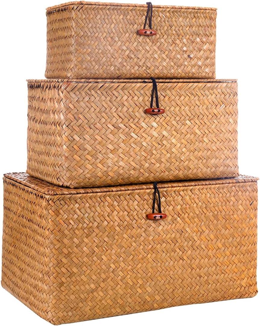 Decorative Wicker Storage Bins with Lids,Woven Seagrass Storage Baskets for Kids Toys,Shelves, Bathroom, Bedroom,Set of 3 Stackable Storage Boxes Large, Medium, Small