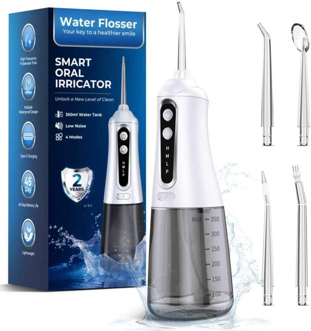 Water Flosser for Teeth Cleaning Pick: Portable Cordless Oral Irrigator350ML, 4 Modes 4 nozzles,IPX7 Waterproof Rechargeable Design Perfect for Travel and Daily Deep Cleaning Gum Care at Home