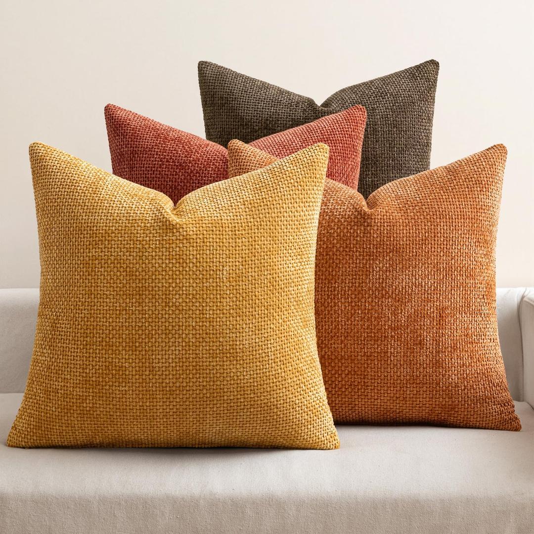 MIULEE Pack of 4 Orange/Yellow Couch Throw Pillow Covers 20x20 Inch Halloween Soft Decorative Chenille Pillows Farmhouse Accent Cushions for Boho Home Decor Spring Sofa Bedroom Living Room