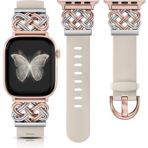 Minyee Celtic Knot Silicone Band Compatible with Apple Watch Band Women 42/38/40/41mm, Soft Silicone Two Tone Cute Fancy Sport Wristband for iWatch Series 11 10 9 8 7 6 5 4 Ultra/SE 3 2 1, Starlight