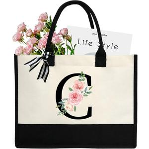 Mothers Day Gifts for Women Birthday Gifts for Women Large Initial Canvas Tote Bag Makeup Bag Beach Travel Shopping (Black Letter Pink Floral)