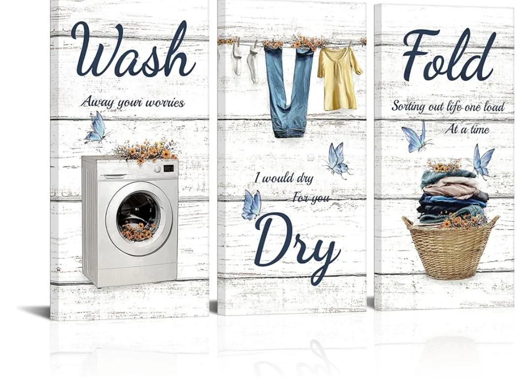 WELMECO Laundry Signs Laundry Room Wall Decor Wash Dry Fold Picture Framed Prints Farmhouse Laundry Decor 6x12inchx3Pieces (Blue)