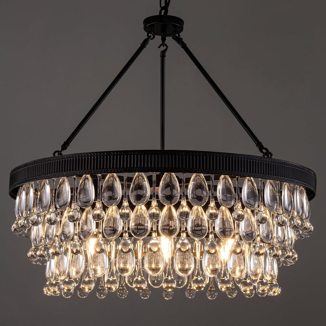 TOCHIC Crystal Chandeliers, 6-Light 3 Tiers Black Crystal Chandelier Light, Modern Farmhouse Luxury Light Fixture for Bedroom, Dining Room, Kitchen Island, Living Room, Entryway, 28"