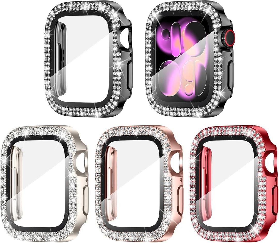 Goton 4-Pack Bling Case for Apple Watch Series 11/10 Screen Protector Case 42mm, Women Glitter Diamond Rhinestone Protector for iWatch Cover Accessories 42 mm (Red+Rose Gold+Starlight+Black( Glass))