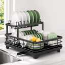 Dish Drying Rack, 2 Tier Space-Saving Dish Rack for Kitchen Counter, Dish Drainer Stainless Steel Rustproof with Drainboard, Utensil Holder, Counter Size
