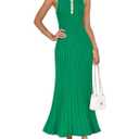ZESICA Womens 2026 Summer Long Maxi Dress Sleeveless Crew Neck Hollow Out Pleated Ribbed Knit Swing Tank Dresses,Green,Large