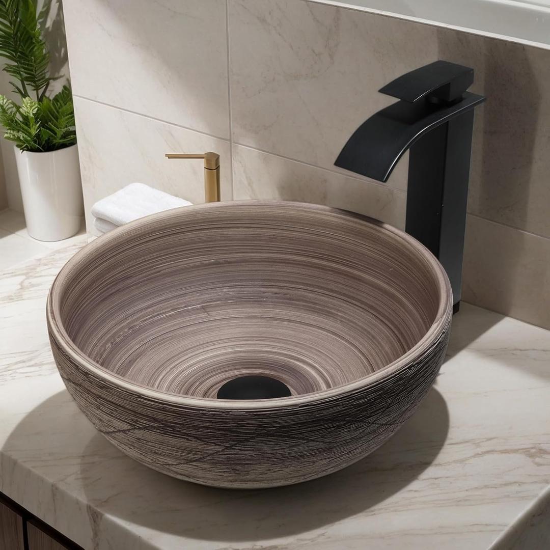 14 Inch Round Ceramic Vessel Sink with Black Waterfall Faucet & Pop-Up Drain, Above Counter Bathroom Vanity Basin, 6 Inch Deep Retro Porcelain in Matte Black-Brown