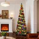 JOYHALO Pre Decorated Pop Up Christmas Tree 7ft with 200 Warm White and Multicolor Lights, Easy Setup Artificial Folding Pre Lit Tinsel Christmas Tree, Collapsible Xmas Tree for Holiday Party Golden