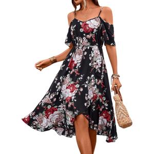 SweatyRocks Women's Floral Print Short Sleeve Cold Shoulder Dress Asymmetrical High Low Ruffle Midi Dresses (X-Large, Black)