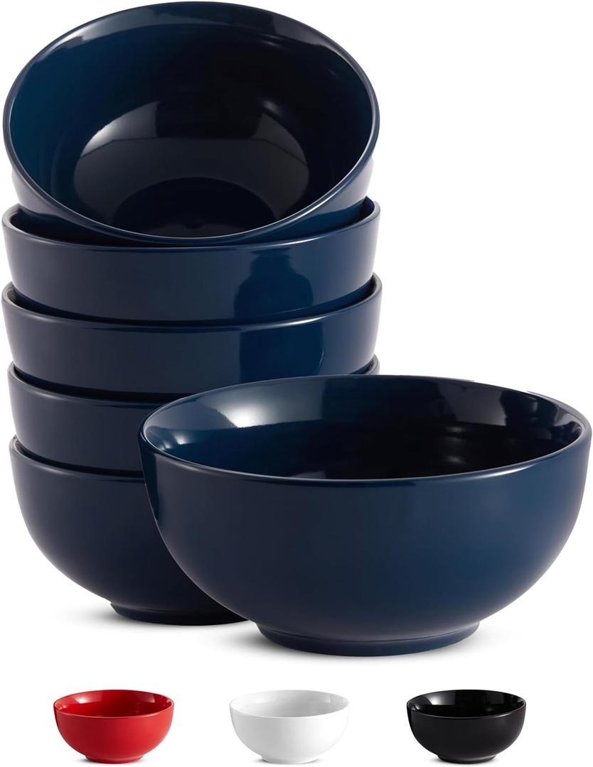 KooK Soup Bowls, Cereal Bowl, Ceramic, Bowls for Kitchen, Microwave, Dishwasher and Freezer Safe, Porcelain Dishes for Pasta, Salad, Oatmeal, Deep Interior, 20 oz, Set of 6, (Navy)