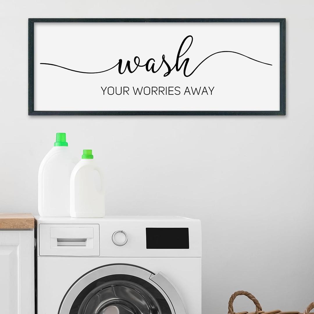 SRSZHIYUE Laundry Room Wall Decor Wash Your Worries Away Bathroom Humorous Sign 32"x12" Toilet Large Modern Farmhouse Simple Plaque Funny Restroom Wood Framed Art Hanging (Black)