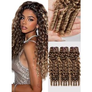 Burmese Curly Bundles Human Hair Water Wave with Spiral Human Hair Bundles 100% Unprocessed Virgin Hair Extensions 3 Bundles 18 20 22 Inch Brown Highlight Ombre Hair P4/27