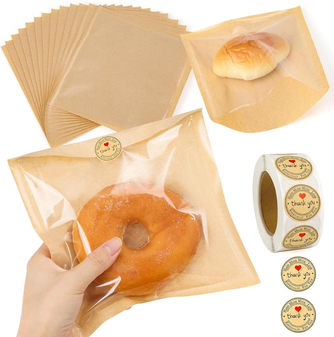 150 Pack Bakery Bags with Window, 7.5 x 7.1 Inches, Sublaga Paper Sandwich Bags, Donut Bags To Go, Bakery Paper Bags for Treat, Snack, Cookie Waffle Cake Packaging (Brown)