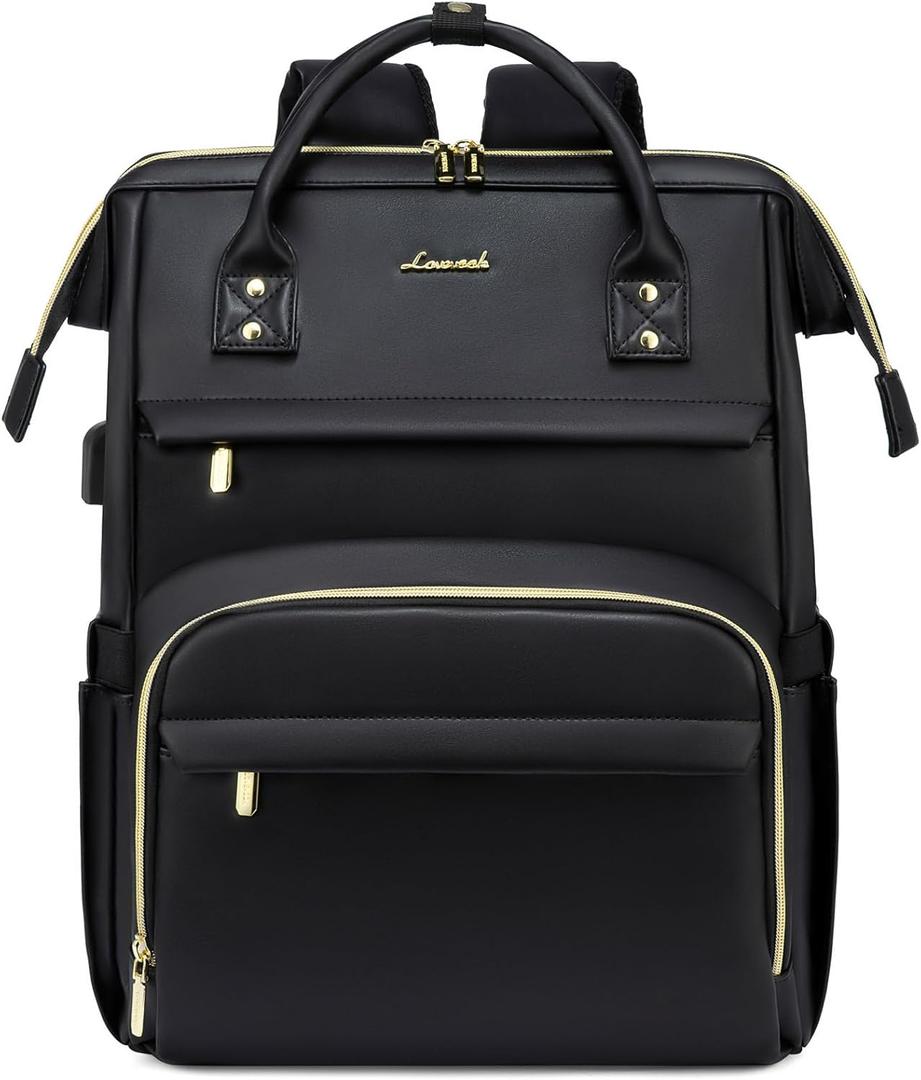 LOVEVOOK Leather Laptop Backpack for Women 15.6 inch,Travel Purse Nurse Teacher Computer Bag,Professional College Business Work Bags Carry On with USB Port,Black