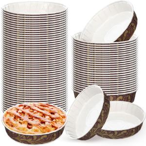 50 Pcs Paper Cake Baking Mold Pans 6 x 1.4 Inch Retro Round Disposable Pie Pans Heat Resistant Shallow Paper Cake Bakeware Cups for Muffins Pies Quiche, Microwave Oven and Freezer Safe