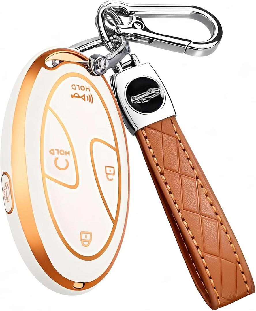 5 Buttons Compatible with Hyundai Key Fob Cover Accessories, Fits for Elanrtra Sonata Ioniq Santa Fe Santa Cruz KONA Tucson, Soft TPU Key Case with Leather Keychain (Ivory)