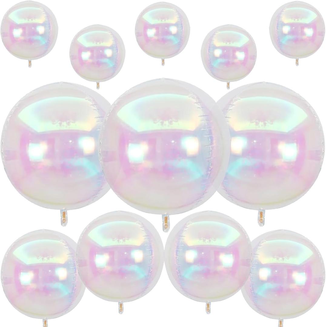 12Pcs Iridescent Round Foil Balloons, 22" 15" 10" 4D Clear Ball Balloon, Holographic Balloons for Birthday Wedding Folding Rainbow Under The Sea Mermaid Party decoration