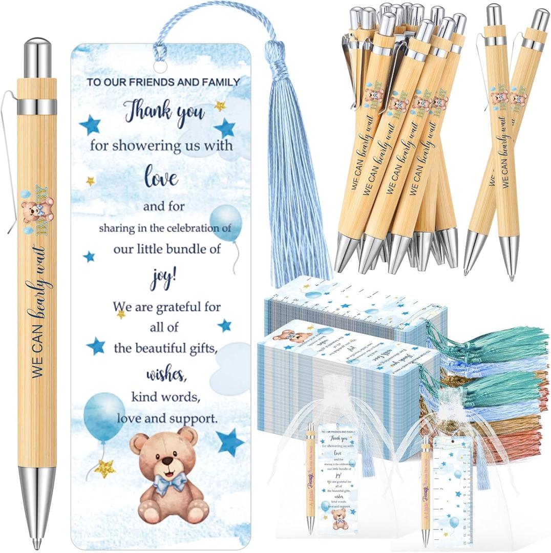 Gilprop 50 Sets Baby Shower Favors for Guests Includes 50 Baby Shower Ballpoint Pens 50 Thank You Bookmarks 50 Organza Bags for Gender Reveal Gifts Guest Prizes(Bear,Blue)