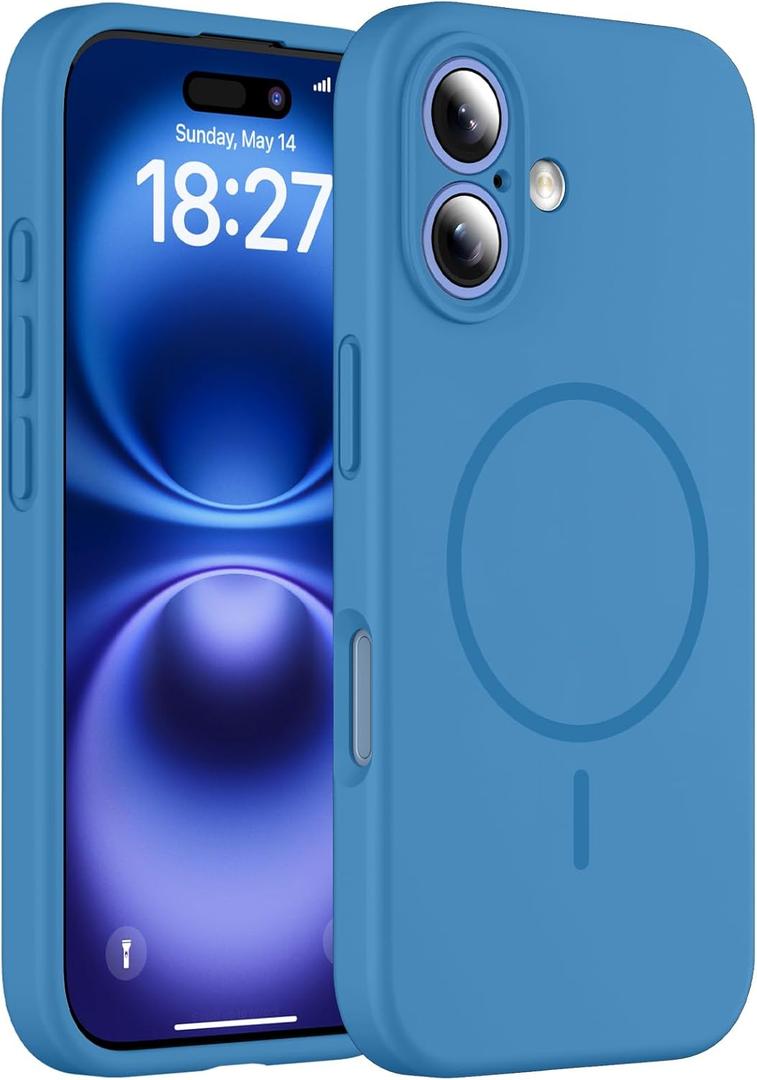 Magnetic for iPhone 16 Case, Compatible with MagSafe, Full Camera Protection, Military-Grade Protection 3.0mm Thicken Silicone Phone Cover for 16 6.1", Lake Blue