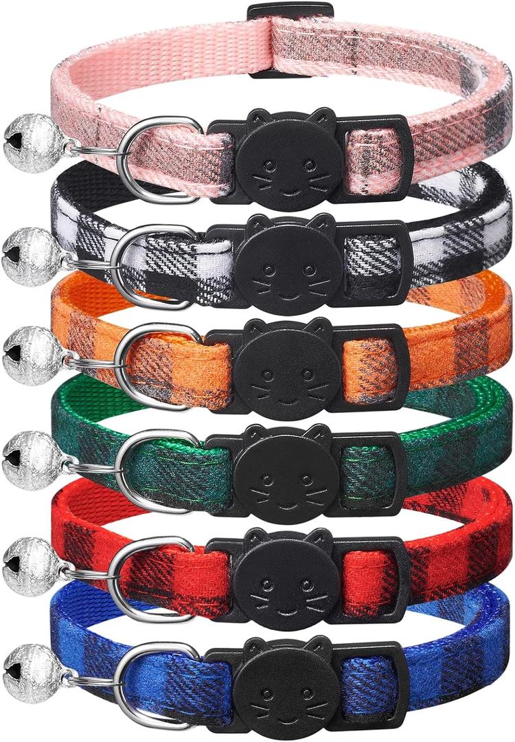 6 Pack Classic Plaid Cat Collars with Bells - Breakaway Kitten Collar and Adjustable 6-9 in, Cute Kitty Collar for Girl Boy Cats, Pet Gifts, Accessories, Supplies, Stuff
