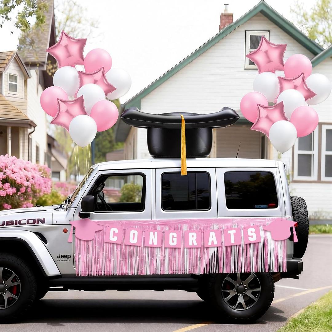 49 Pack Graduation Car Decoration Kit 24 Inches Large Inflatable Black Gold Graduate Hat with Tassel Pink White Tassel Banner Balloon for Car Graduation Party Decoration Supplies