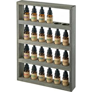 MyGift Vintage Weathered Gray Solid Wood Wall-Mounted Essential Oil Holder Rack – 24-Bottle Storage Display Shelf