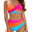 Aqua Eve Women's High Waisted Bikini - Twist Front Two Piece Swimsuits Full Coverage Color Block Bathing Suits 2025 Swimwear M