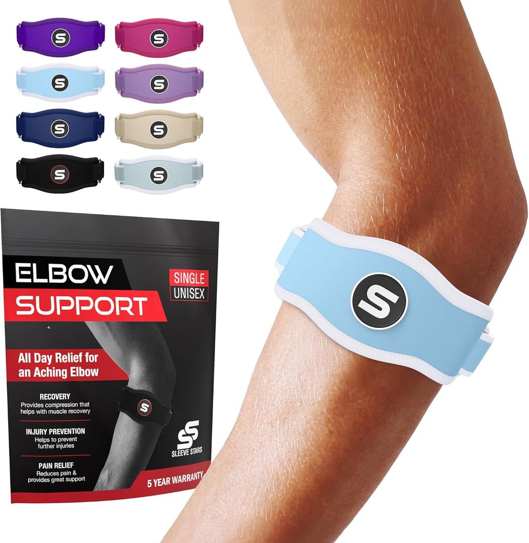 Sleeve Stars Tennis Elbow Brace for Women - Adjustable Tennis Elbow Strap, Golfers Elbow Brace for Men, Counterforce Brace for Tendonitis Relief, Fits 9"-23" (Single/Light Blue) (One Size)
