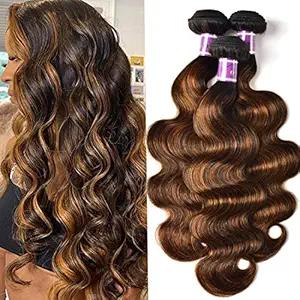 Brown Highlight Bundles Human Hair 18 20 22Inch Body Wave Bundles Hair Weave for Black Women Brazilian Virgin Hair 3 Bundles（Brown and Light Brown，#P4/30）