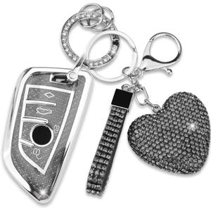 Key Fob Cover with Diamond Keychain, Car Key Shell for Women, Compatible with BMW X1 X2 X3 X5 X6 X7 GT and 2 5 6 7 Series Smart Remote Key Protector (3 Buttons-Black Heart)
