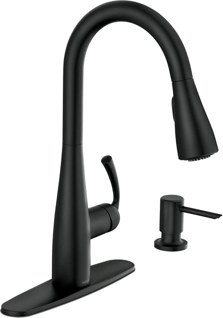Moen Essie Matte Black Single Handle Pull-Down Sprayer Kitchen Faucet with Soap Dispenser, Reflex and Power Clean Technology, 87014BL