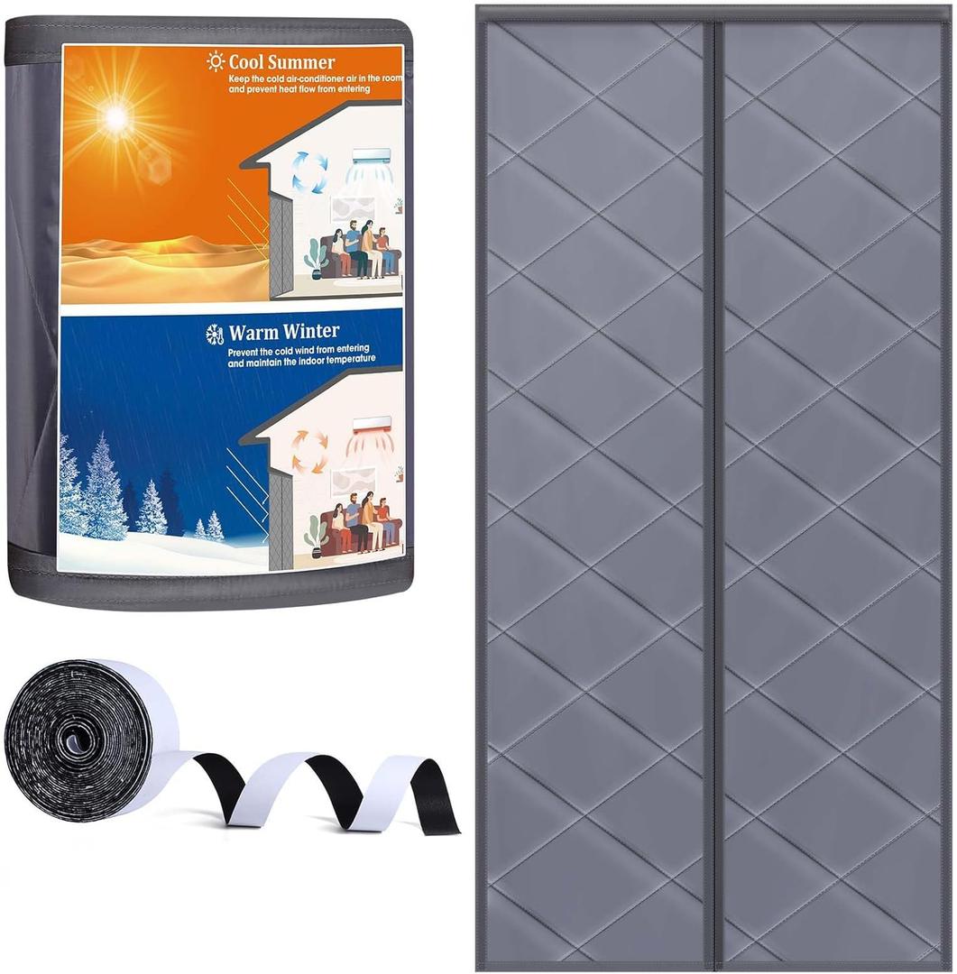 Magnetic Thermal Insulated Door Curtain, Door Insulation Cover Screen for Door Size 34" x 82", Durable Oxford Cloth Thicken Polyester Fiber Fill for Garage Attic Doorways Hallway, Gray
