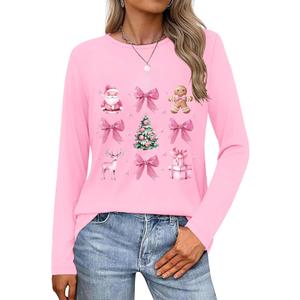 Christmas Shirts for Women Retro Pink Santa Vintage Cute Christmas Tree and Bow Graphic Xmas Vacation Tees Top (Pink, M)
