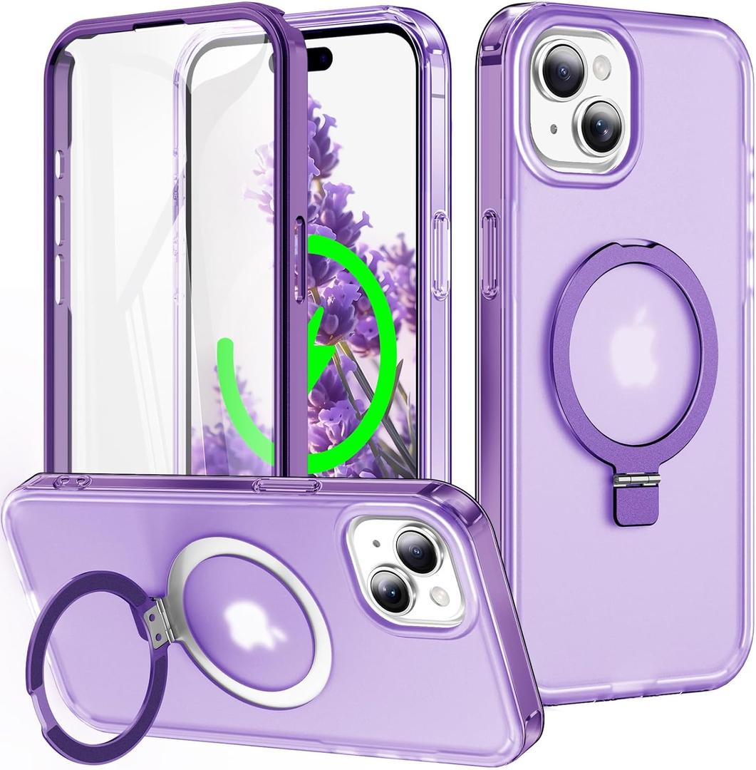 for iPhone 15 Full Body Shockproof Case with Magnetic Invisible Stand [Compatible with MagSafe] Built-in Screen Protector Military Drop ProtectionTranslucent Phone Cover -Purple