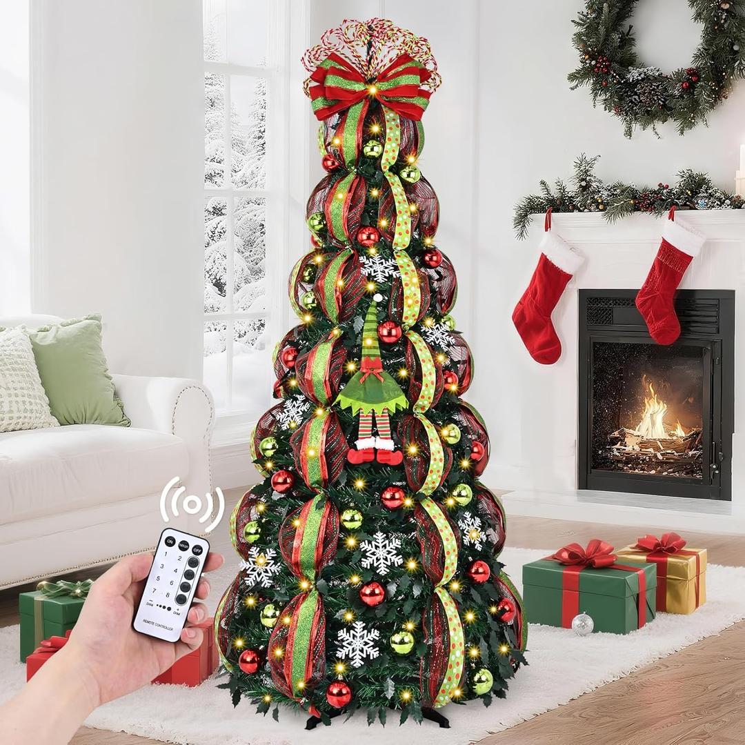 MARTINE MALL 6FT Whimsical Pop Up Christmas Tree with 8 Mode 180 Warm Lights, Collapsible Foldable Christmas Tree Pull Up Fully Decorated Xmas Trees with 117PCS Christmas Ornaments for Indoor Outdoor