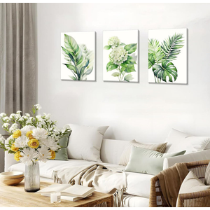 3Pcs Framed Green Floral Plant Wall Art Tropical Leaves Canvas Prints Poster Bohemian Floral Plant Paintings Pictures Modern Minimalist Home Decoration Bathroom Bedroom Living Room Wall Decor